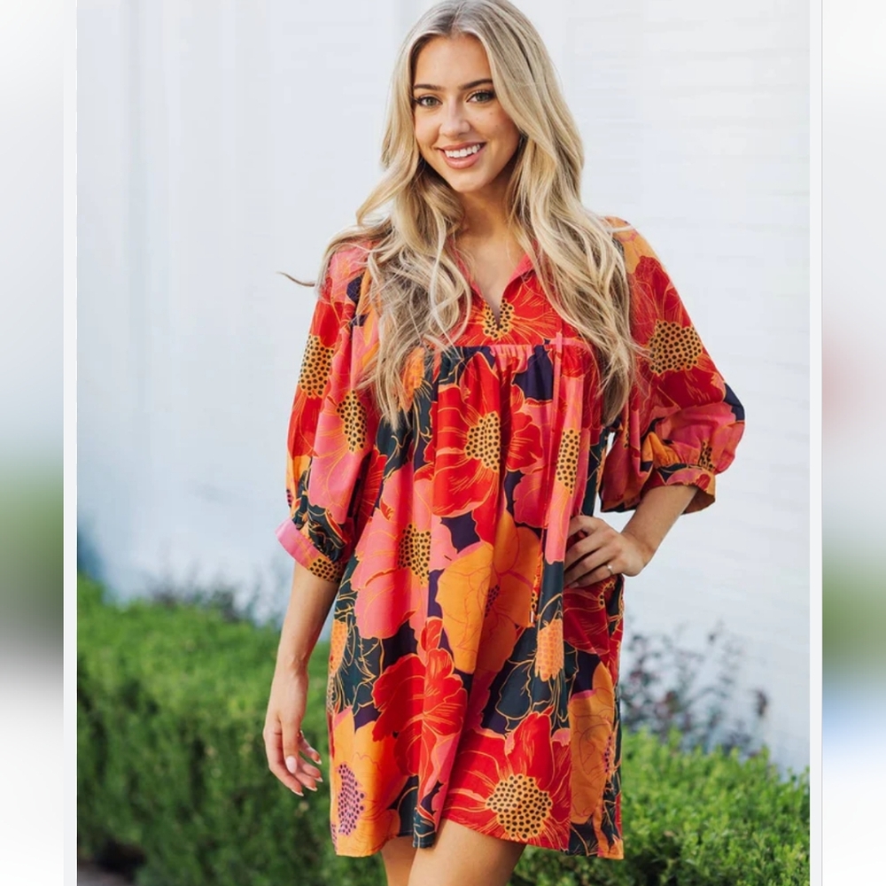 Cabo Puff Sleeve Boutique Dress In Navy, Orange, Pink Floral Print
